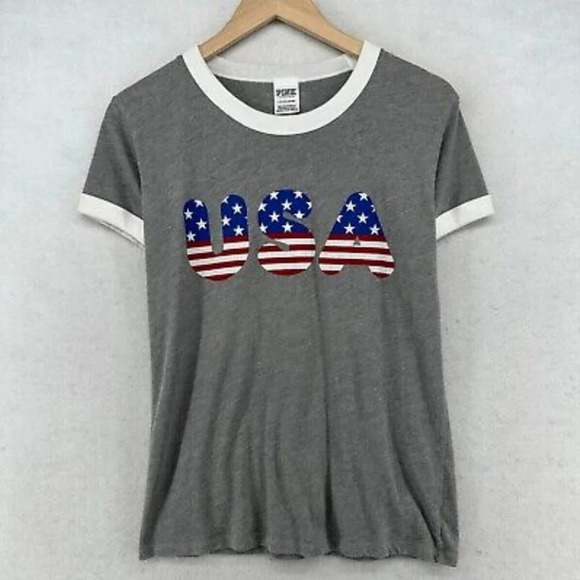 VS PINK 2017  Ringer USA Tee-Shirt 🇺🇸 Medium Patriotic 4th of July Casu - Picture 3 of 6